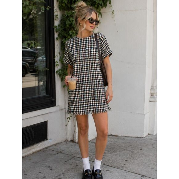 Zara Dresses & Skirts - Zara Trafaluc Collection Colorful Houndstooth Fringe Dress 6 Winter Chic